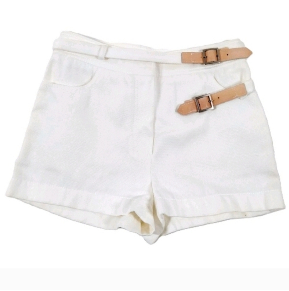 CHANEL White Cotton Shorts with Tan Buckle Accents.